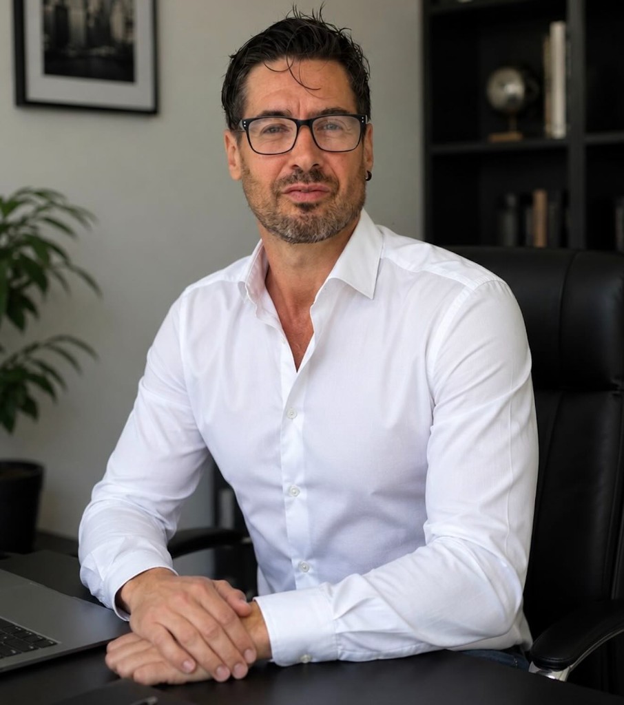 Portrait of Michel Bordeau in a white shirt at his desk